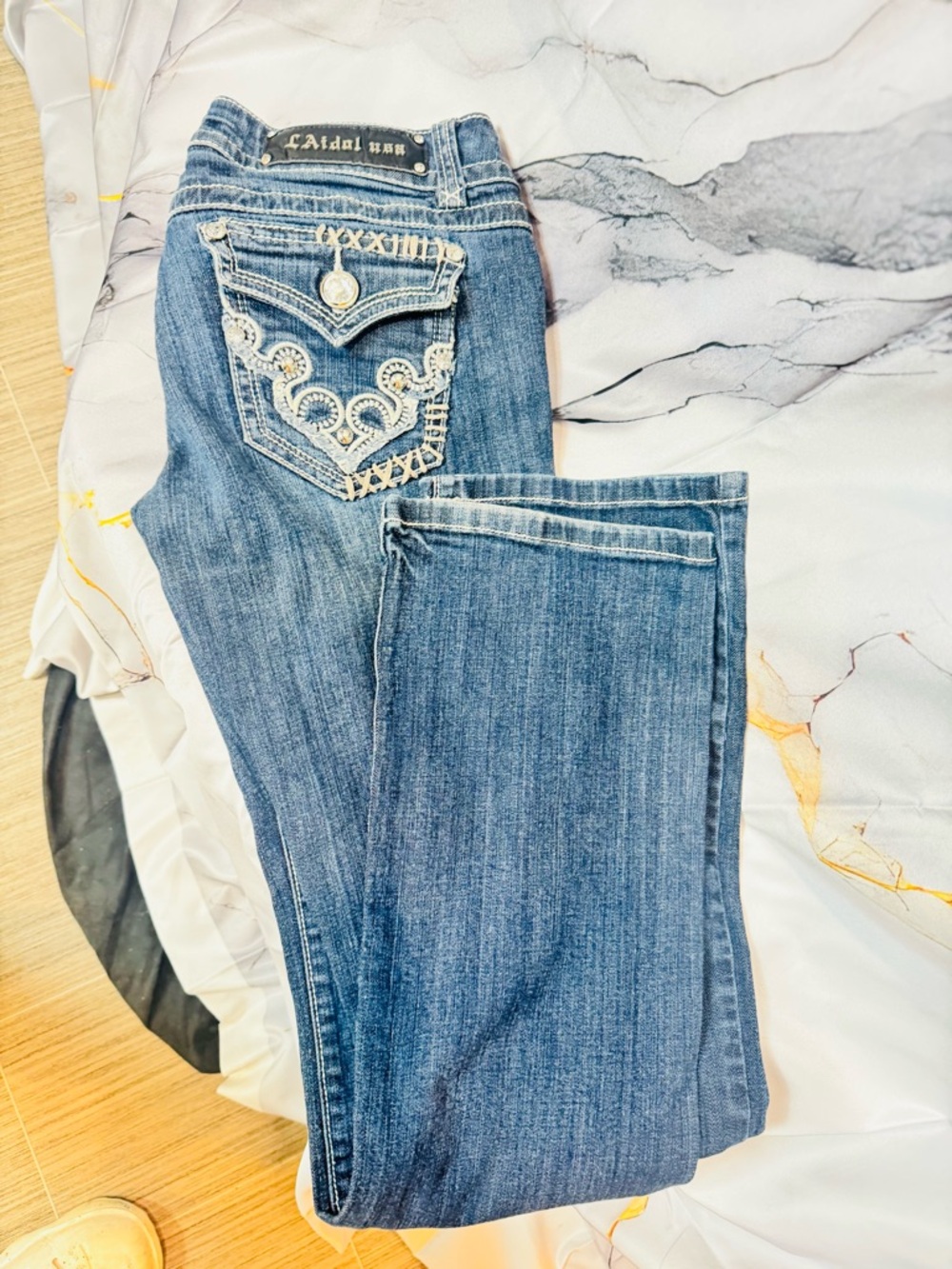 L.A. idol Blue Embroidered Pocket Flare Jeans. Never worn